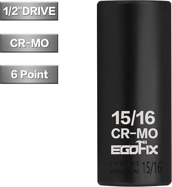 1/2" Drive Deep Impact Socket, 15/16 Inch SAE Socket, CR-MO 6 Point for Easy Removal of Axle Nut