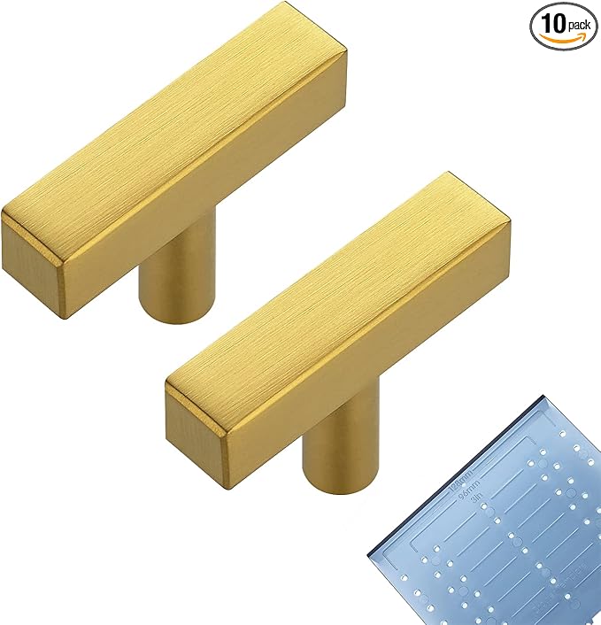 Ravinte 10 Pack Cabinet Knobs - 2 Inch Cabinet Handles Brushed Brass Single Hole Square T Knobs for Kitchen, Gold Drawer Pulls with Mounting Template