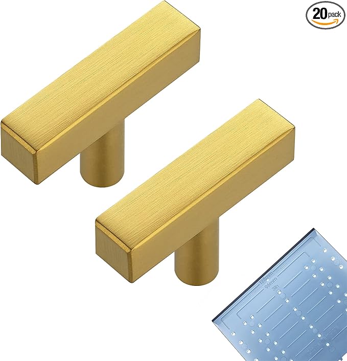 Ravinte 20 Pack Cabinet Knobs and Handles - 2 Inch Gold Square T Knobs for Kitchen Cabinets and Drawers - Single Hole Pulls With Mounting Template
