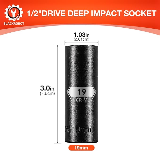 BLACKROBOT 1/2 Inch Drive 6-Point Deep Socket, 19mm Deep Impact Socket, CR-V Steel