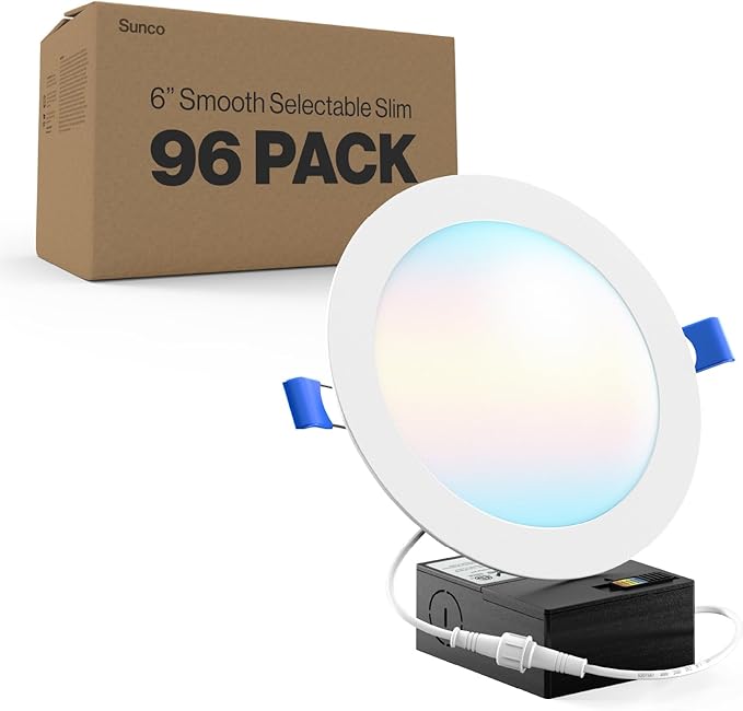 Sunco 96 Pack 6 Inch LED Recessed Light, Canless Ceiling Lights Slim with Junction Box, 850 LM, 14W (100W Equivalent), Selectable CCT 2700K/3000K/4000K/5000K/6000K, Dimmable, Wafer Thin ETL.