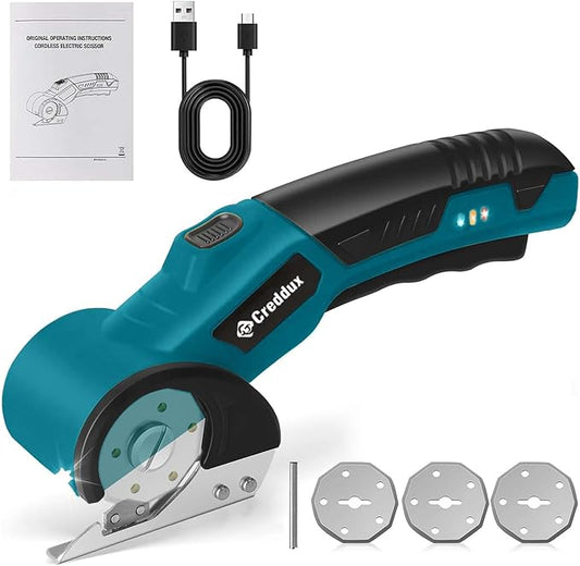 Cordless Electric Scissors竊똂ardboard Cutter Heavy Duty Scissor with 3 Blade, Safety Lock & Extra Blade竊똓otary Cutter for Cardboard Fabric Plastic Leather Dark Blue