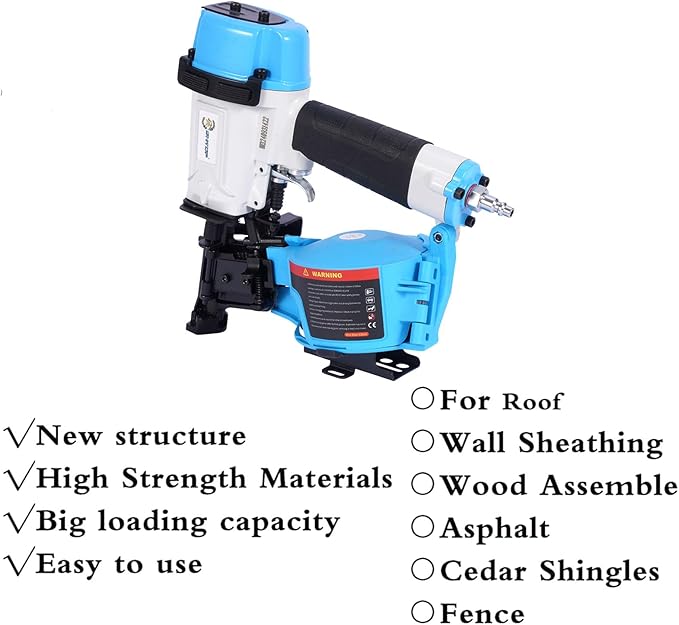 BHTOP Guatemala Style CN45N Roofing Nailer, 15 Degree Roofing Nail Gun, 3/4-Inch to 1-3/4-Inch Coil Nails, 120-pcs Load Capacity Coil Nailer