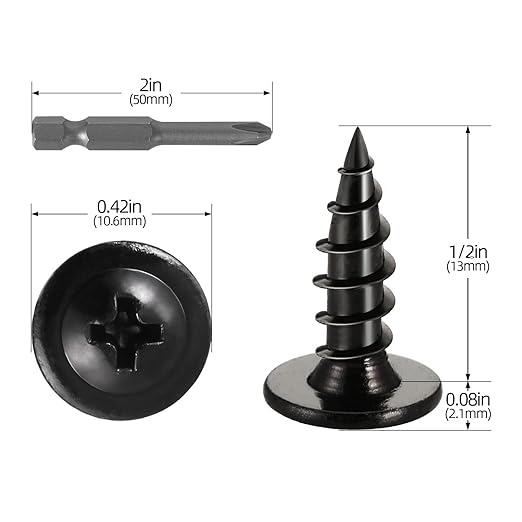 #8 x 1/2" (200 PCS) Modified Truss Head Wood Screws, Phillips Drive Quick Metal Self Tapping Screws, Black Coating, Full Thread, Screwdriver Bit Included