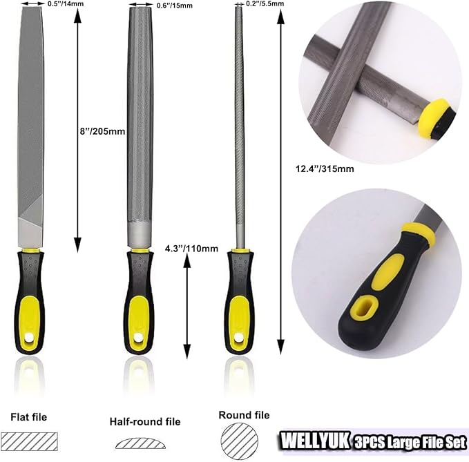 Metal File Set 3PCS Kit, 8 Inch High Carbon Steel File Blade Square Flat/Round/Half-Round Files for Metal, Wood, Carpentry, DIY, Comfortable Anti-Slip Grip