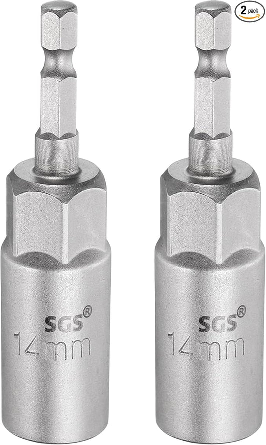 HARFINGTON 2pcs Nut Driver Drill Bit 14mm Metric Socket 1/4" Hex Shank 3.15" (80mm) Long 6-Point Sockets Quick Change CR-V Steel Bolt Setters for Power Drill Drivers