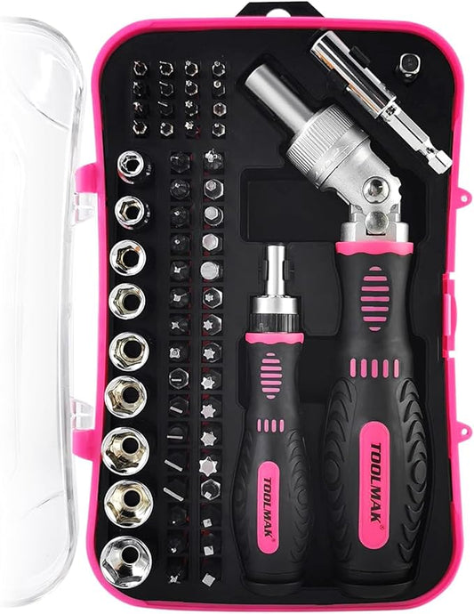 Ratcheting Screwdriver Set 61pcs Socket Set & Screwdriver Bit Set with Rotatable Ratchet Handles 竊?Storage Case, Household Repair Tool Kits for Bike-Pink
