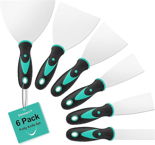 6 Pack Putty Knife, 1??1.5??2??3??4??5??Spackle Knives, Premium Stainless Steel Paint Scraper, Perfect Tools for Repairing Drywall, Removing Wallpaper, Applying Mud or Plaster