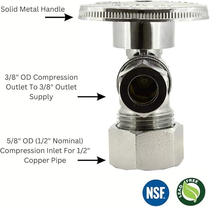 Angle Stop Valve 5/8" OD (1/2" Nominal) Compression x 3/8" OD Compression- Chrome Plated Brass 쩌 Turn Angle Valve For Water Pipes, Toilets, Sinks- Lead-FreeWater Shut Off Valve, 5 Pack