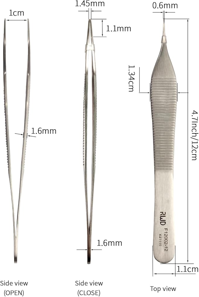 RWD ADSON Dressing Forceps 4.7", Martensitic Stainless Steel Medical Tweezers, 0.6mm Width Serrated Straight Tip, Micro Forceps Tweezer, Surgical Tweezer for High-Precision Handling (F12002-12)
