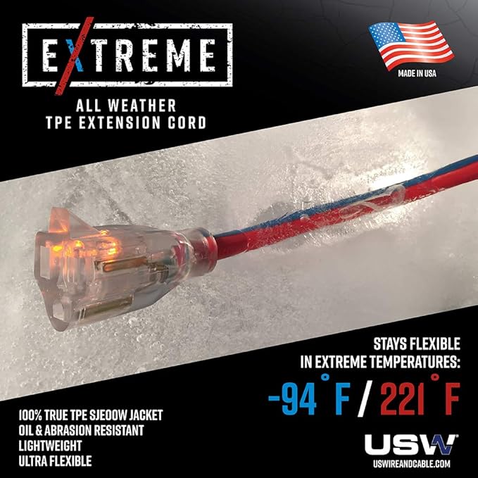 US Wire 99100 12/3 100-Foot SJEOW TPE Extreme Weather Extension Cord Blue with Lighted Plug