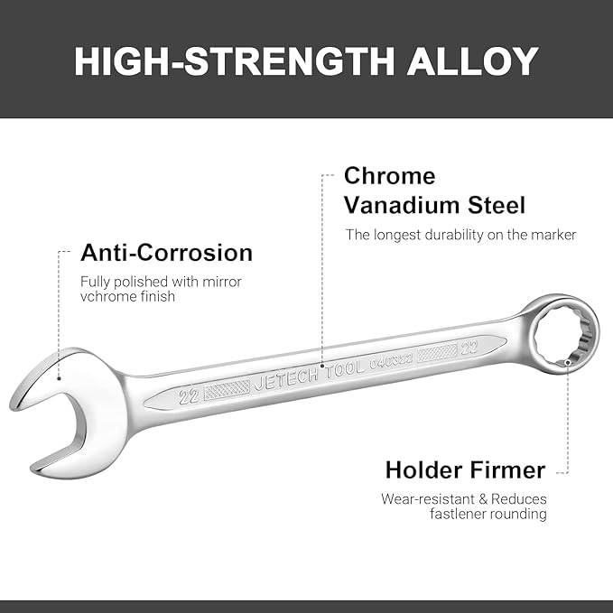 Jetech 22mm Combination Wrench - Industrial Grade Spanner with 12-Point Design, 15-Degree Offset, Made with Durable Chrome Vanadium Steel in Sand Blasted Finish, Forged, Heat-Treated, Metric