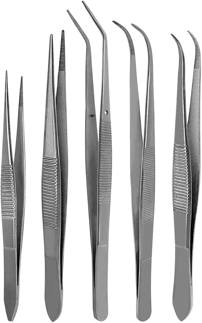 Splinter Forceps - Fine Point - Tweezers Stainless Steel Straight & Curved (Set of 5 Pcs. Str/Cud)