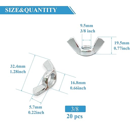 20 PCS 3/8-16 Inch Wingnuts, Quality Carbon Steel Wing Nuts Zinc Plated Fasteners Parts Butterfly Nut, Hand Twist Tighten Hardware Nuts Butterfly Wing-Nut 3/8-16??Assorted Kit