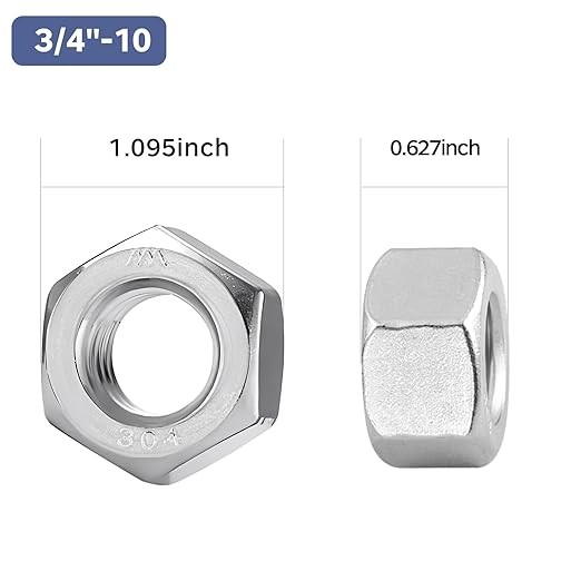 10 Pack 3/4-10 Hex Nuts, Stainless Steel 304 (18-8) Hex Nut, 3/4 Nut Standard Inch Coarse Thread Hex Machine Screw Nuts