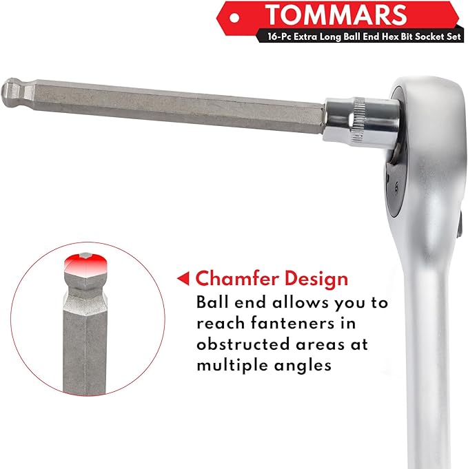 TOMMARS 16-Pc 3/8 Inch Drive Ball End Long Hex Bit Socket Set, Extra Long Allen Socket Set, CR-V and S2 Steel, SAE & Metric 1/8-3/8 in., 3-10 mm.