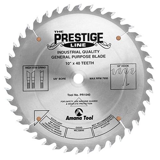Amana Tool - PR1040 Carbide Tipped Prestige General Purpose 10" Dia 40T ATB, 18 Deg, 5