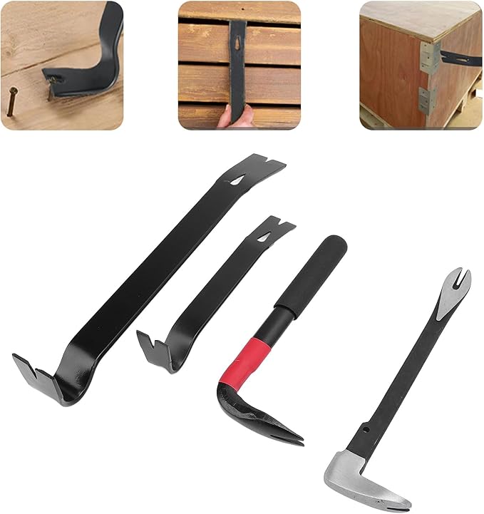 Nail Puller Pry Bar Set 4 Pcs Multi Functional High Hardness Ergonomic Design Flat Crowbar for Home Decoration Woodworking 45 Manganese Steel 9 Inch 10 Inch 15 Inch