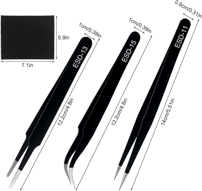 Precision Tweezers Set, 3 Pcs Upgraded Stainless Steel Anti-Static ESD Tweezers with Cleaning Cloth, for Craft, Electronic, Soldering, Model, Hobby, Jewelry Making, Laboratory Work, DIY