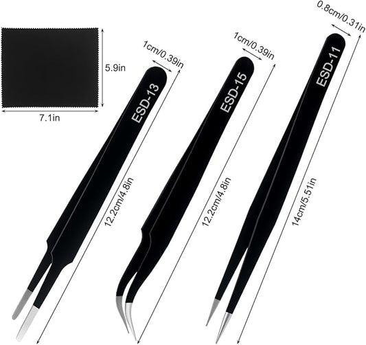 Precision Tweezers Set, 3 Pcs Upgraded Stainless Steel Anti-Static ESD Tweezers with Cleaning Cloth, for Craft, Electronic, Soldering, Model, Hobby, Jewelry Making, Laboratory Work, DIY