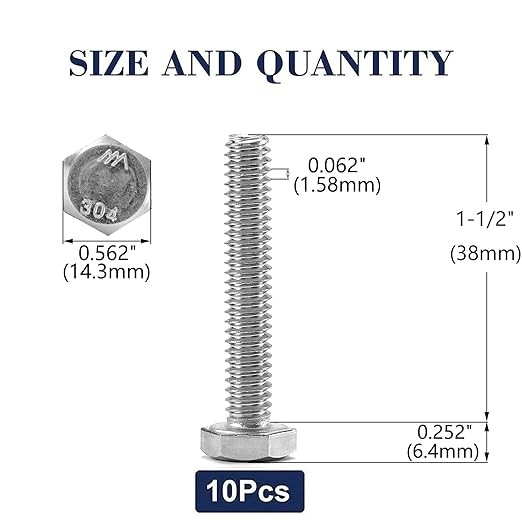 3/8-16 x 1-1/2" Hex Head Screw Bolt, 10Pcs 18-8 (304) Stainless Steel, Fully Threaded, Plain Finish, by SG TZH