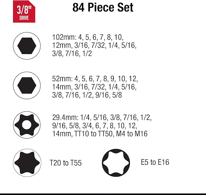 Sunex 3569 3/8" Dr. Master Hex Bit Impact Socket Set (84 Piece)