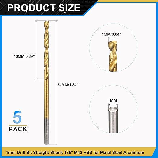 PATIKIL 1mm Drill Bit, M42 8% Cobalt High-Speed Steel Jobber Straight Shank 135° Titanium Nitride (TiN) Coated for Hard Metal Stainless Steel - 5 Pack