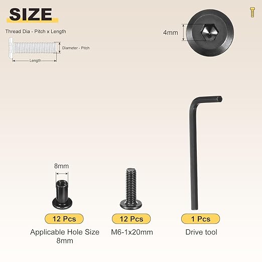 METALLIXITY Furniture Crib Screws Replacement Set with Wrench(M6-1x20mm) 24Pcs, Galvanization Connector Bolts M6 Screw Barrel Nuts Binding Screws, for Chair Cabinet Bed, Black