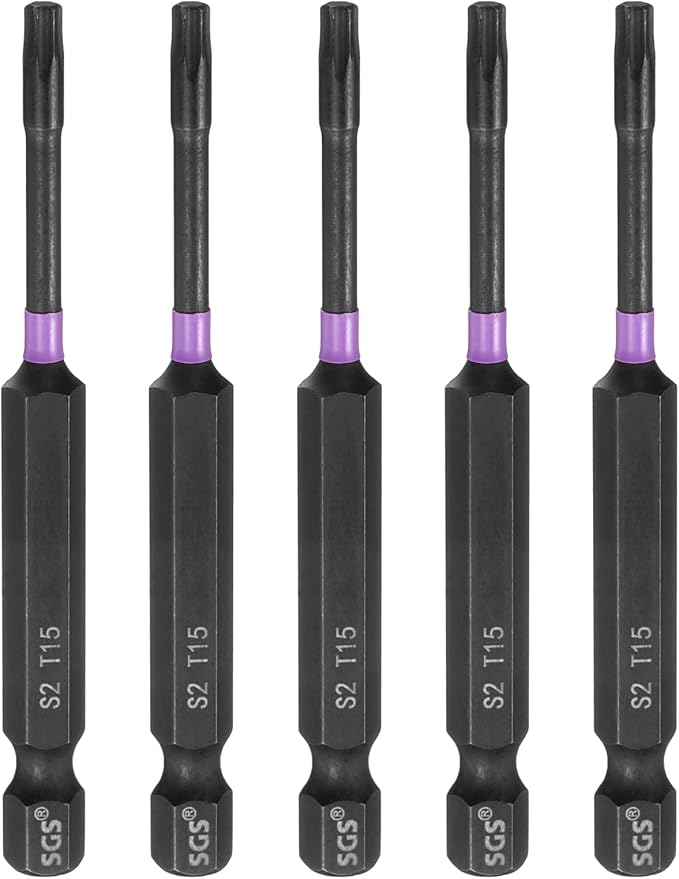 HARFINGTON 5pcs T15 Torx Head Impact Screwdriver Bits 1/4" Hex Shank 3" (75mm) Long Magnetic No Hole Tamper Proof 6 Point Star Screw Driver Drill Bits Phosphate S2 Steel Power Tools