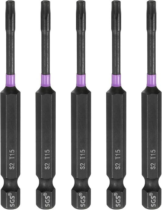 HARFINGTON 5pcs T15 Torx Head Impact Screwdriver Bits 1/4" Hex Shank 3" (75mm) Long Magnetic No Hole Tamper Proof 6 Point Star Screw Driver Drill Bits Phosphate S2 Steel Power Tools