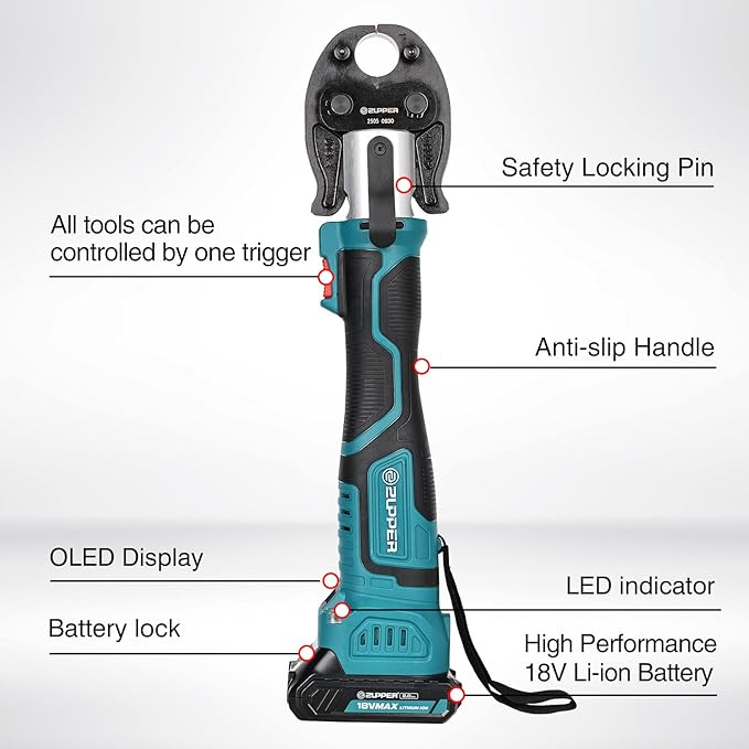 ZUPPER Mini Press Tool kit with 3 PEX Crimp Dies F1807 1/2", 3/4", 1", Brushless Motor, 2pcs Battery, Fast Charger & Carrying Case
