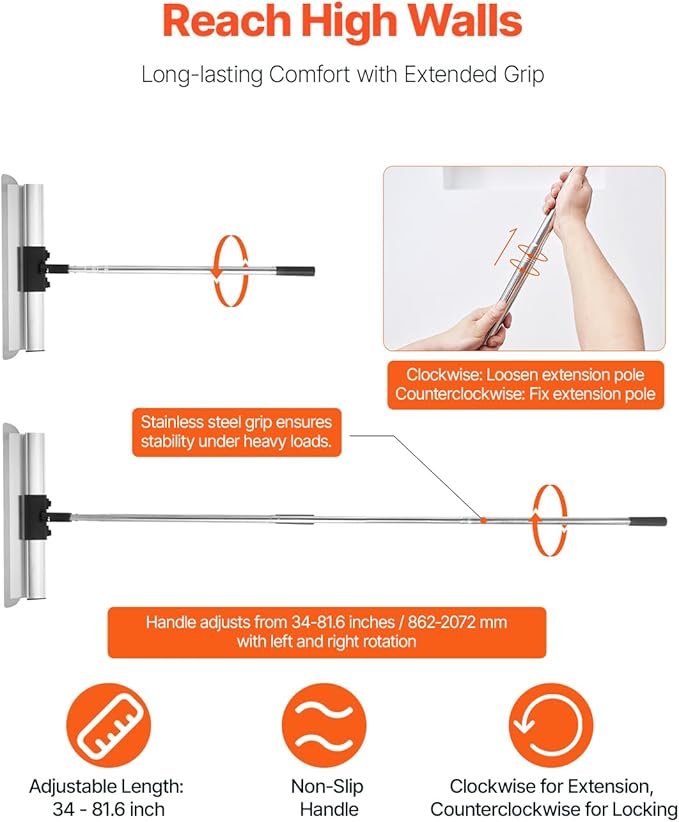 VEVOR Drywall Skimming Blade Set (10/16/24/32/40 inch) with 34-81.6 inch Extension Handle, Professional Stainless Steel Knife for Gyprock, WallBoard, and Plasterboard Skim Coating