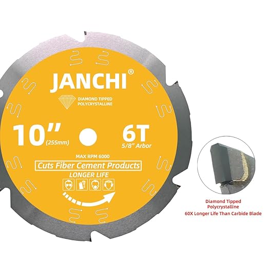 10-Inch 6T PCD Tip Hardie Fiber Cement Saw Blade with 5/8-Inch DMK Arbor, Polycrystalline Diamond Tipped Teeth Saw Blade for Laminate Flooring
