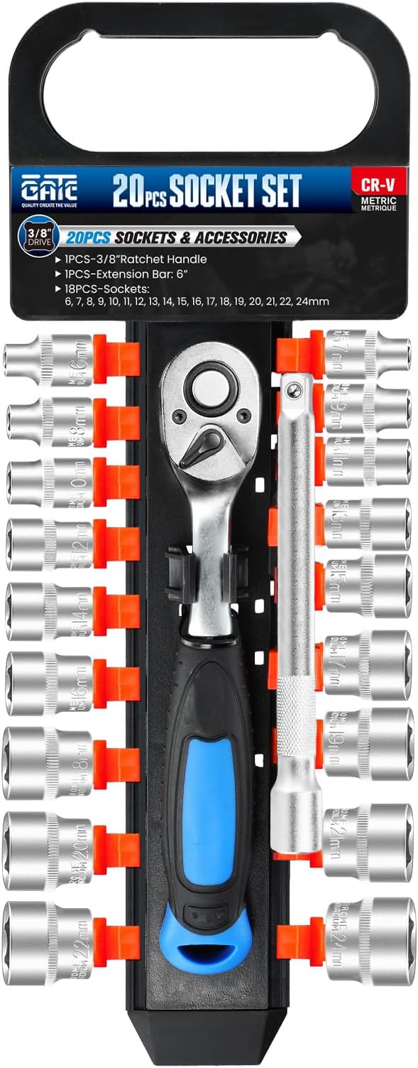 20PCS 3/8" Drive Metric Socket Wrench Set, 90-Tooth Reversible Ratchet Handle竊? Point Shallow Sockets (6-24mm) and Extension Bar 6", CR-V Steel, Tool Set For Car,Motorcycle,Bike Repair