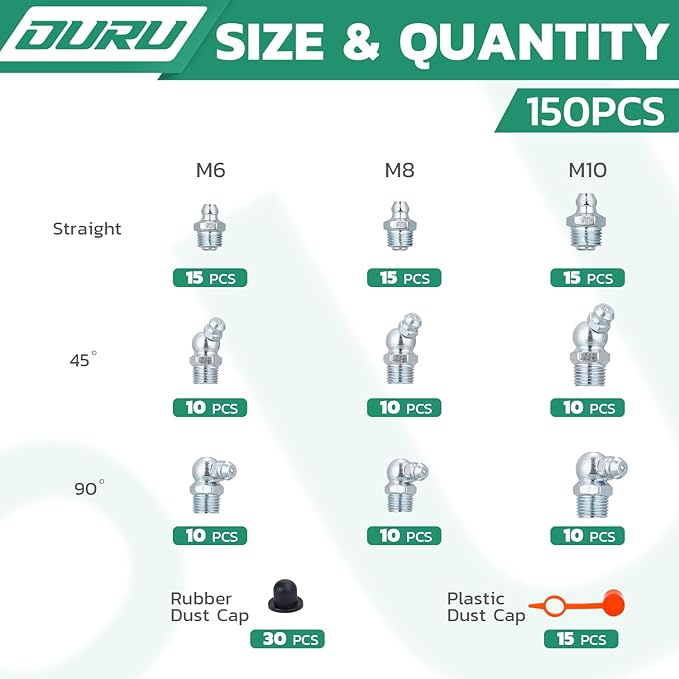 150PCS Grease Fittings Kit, Metric Zerk Grease Fittings Straight 45 90 Degree with Grease Fitting Caps for Grease Gun