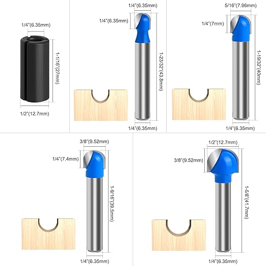 Core Box Router Bit Set, 8Pcs Solid Carbide 1/4 Inch Shank Woodworking Tool with 1/4" to 1" Round Nose Double Flute Bits, for Half Round Grooves and Cove Cutting for Woodworking Grooves and Coves