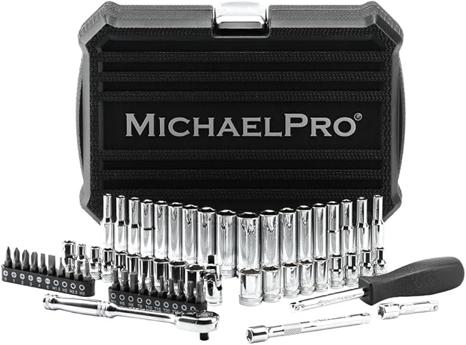 MichaelPro 62-Piece 1/4'' Dr. Socket Set, 90-Tooth Standard & Deep Sockets, SAE 3/16''-1/2'' & Metric 4-12mm, CR-V Steel, 6-Point Design, with Ratchet, Extensions, Spinner Handle, 1/4" Bits | MP005059