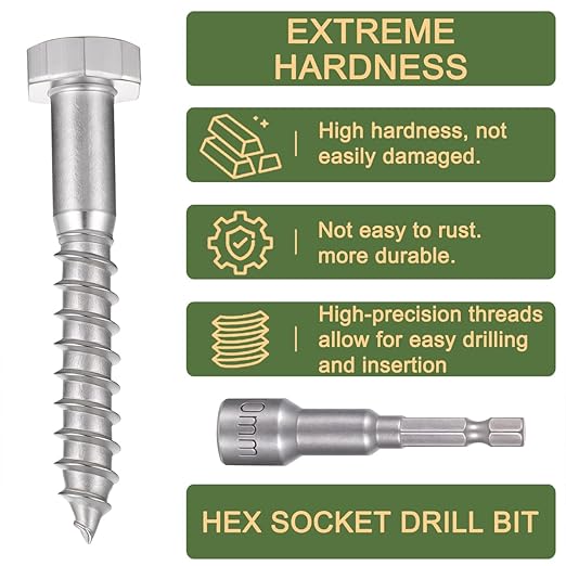 25 Pcs M6x1.57 Inch Hexagon Head Wood Screws Lag Screws for Woodworking 304 Stainless Steel 18-8 DIY Decoration Wall Wood Trim Decorative Wooden Plaques