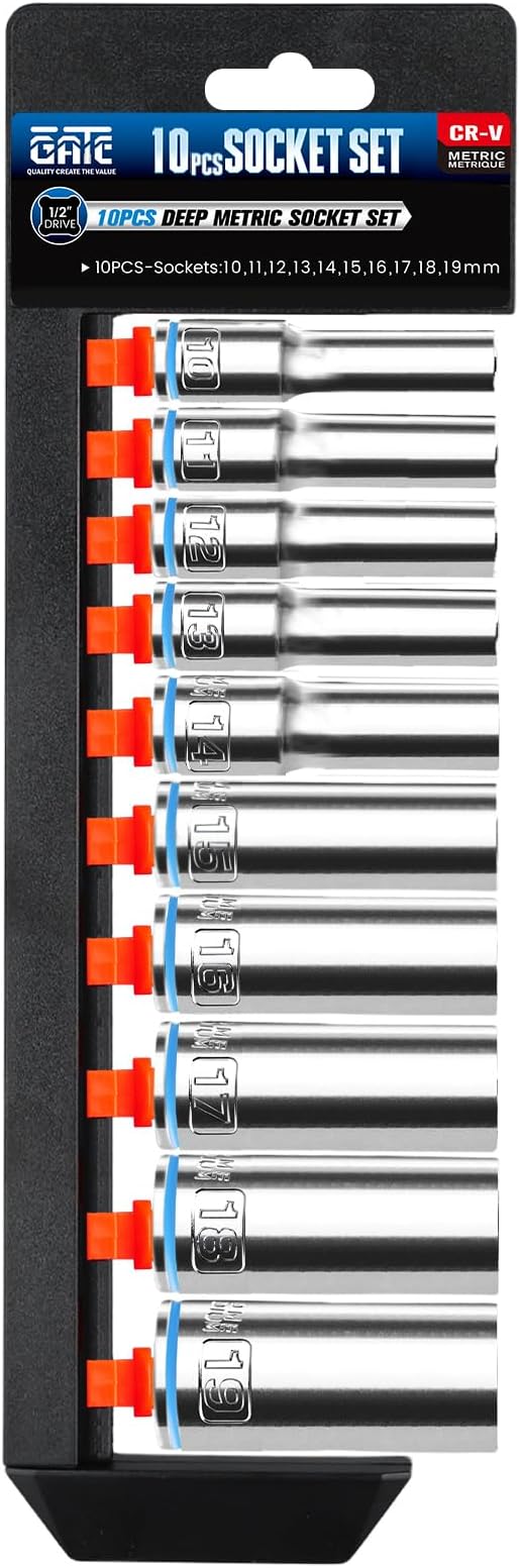 10PCS 1/2??Drive Deep Socket Set, Metric (10mm-19mm), 6-Point, Cr-V Steel, Chrome Plated Socket With Hanging Bracket, Cover Most Commonly Sizes