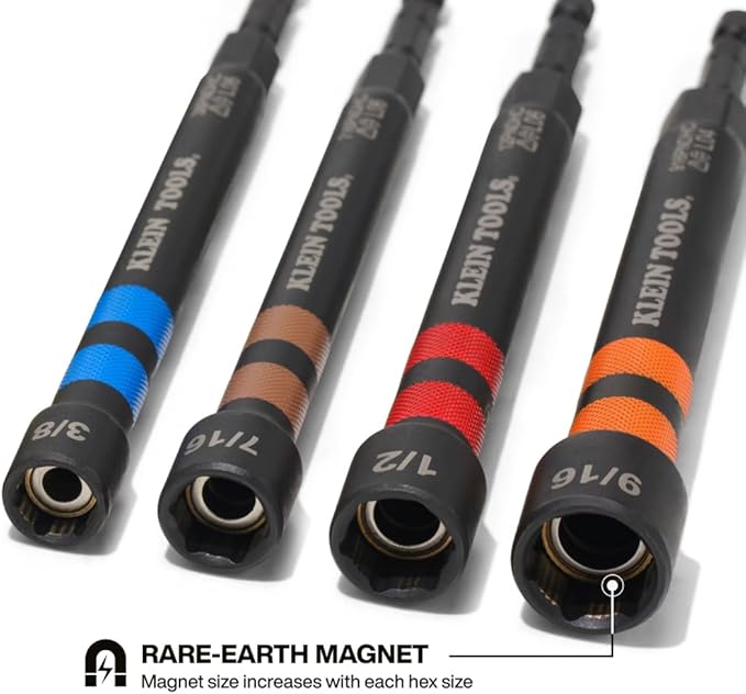 Klein Tools 32940 SAE Magnetic Hollow Impact Nut Drivers Set, 6-Piece Color Coded Hollow Power Nut Driver with Extended Reach, 6 SAE Sizes