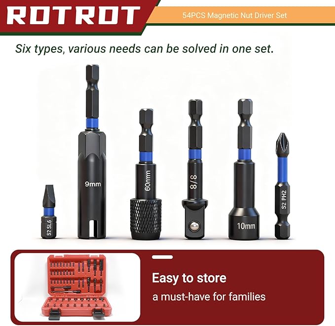 54-Piece Magnetic Nut Driver Set, Impact Drill Driver Bit 1/4", Metric & SAE Nut Drivers for Impact Drill, Socket Adapters, Screwdriver Bit, Quick-Release Extension, Wing Nut Driver, Storage Box