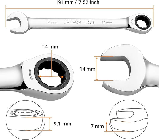 Jetech 14 mm Ratchet Wrench with Precision Ratcheting and Hardened,Industrial Grade Gear Spanner with 12-Point Design, 72-Tooth Ratchet, Chrome Vanadium Steel