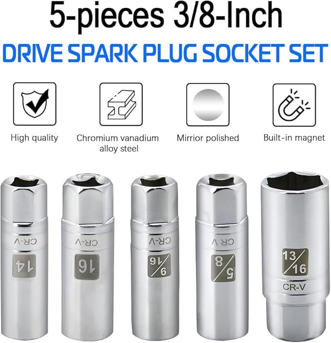 5PCS Magnetic Spark Plug Socket Set Includes 14mm 16mm Thin Wall Socket and 9/16-inch 5/8-inch and 13/16-inch Sockets 3/8-inch Drive Magnet Retains Spark Plugs