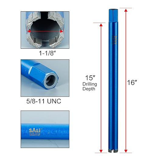 SALI Wet Diamond Core Drill Bits 1-1/8"/29mm Diameter Core Drill Bit 15"/380mm Drilling Depth Concrete 5/8-11" Thread Core Bit Turbo Laser-Welded Segments for Cured Concrete with Rebar Brick Block