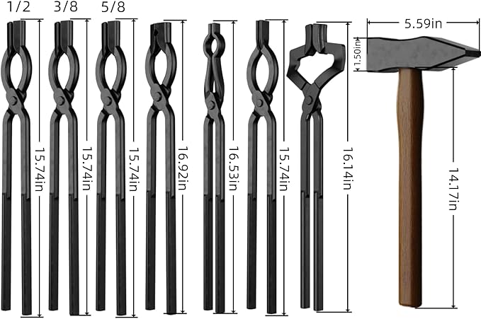 8PCS Blacksmith Tongs and Blacksmith Hammer,Z V-Bit,3/8,1/2,5/8inch V-Bit Bolt,V-Bit Bolt,Pick Up,V-Bit Bolt with A3 Steel Rivets and Assembled Blacksmithing Tongs for Forging Tools and Equipment