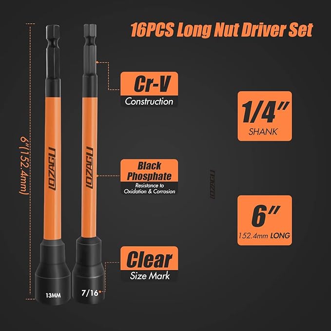 16Pcs Long Magnetic Nut Driver Set for Impact Drill | 6 Inch Long Nut Driver Set | SAE and Metric | 1/4 Inch Hex Shank | Cr-V Steel (16PCS Magnetic Nut Driver (Long))