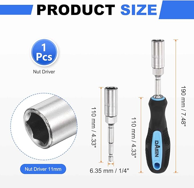 HARFINGTON Metric Nut Driver 11mm CR-V Non-Magnetic Detachable Tip Hollow Shafts Hex Socket Screwdriver with Anti-Slip Handle for Automobile Repair Bit Driver, Blue/Black