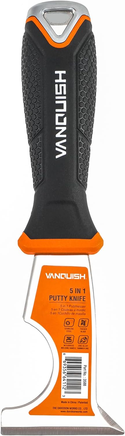 VANQUISH 5 In 1 Stainless Steel Putty Knife, Multi Use Paint Scraper Tool with Soft TPR Handle and Metal Hammer End, Caulk Removal Tool, Paint Can Opener, Paint Remover, Wallpaper Scraper 3588