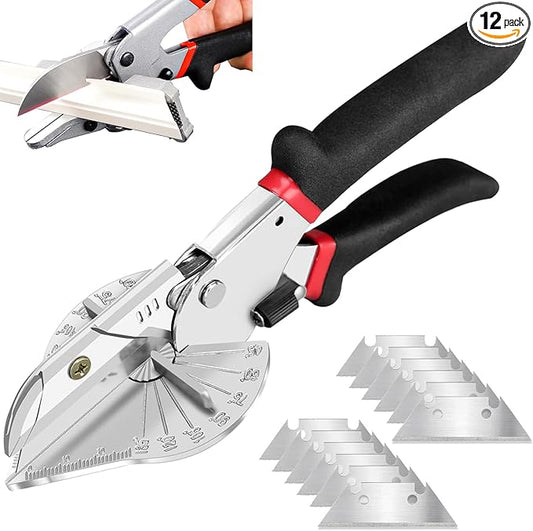 Multi Angle Miter Shear - Upgrade Quarter Round Cutting Tool with 12pcs Replacement Sharp Blades, 45-135째 Adjustable Angle, Trim Cutter Hand Tool for Plastic, Wood Trim Molding (Black Red Handle)