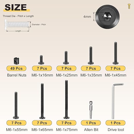 METALLIXITY Crib Screws Replacement Set(M6-1x16/25/35/45/55/65/75mm) 100Pcs, Socket Cap Screws Barrel Nuts Hex Drive Allen Bit Assortment Kit, for Chair Cabinet Bed, Black